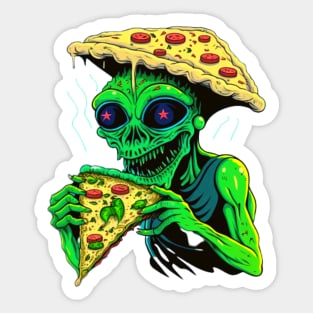 Funny Alien Head Eating Pizza Sticker